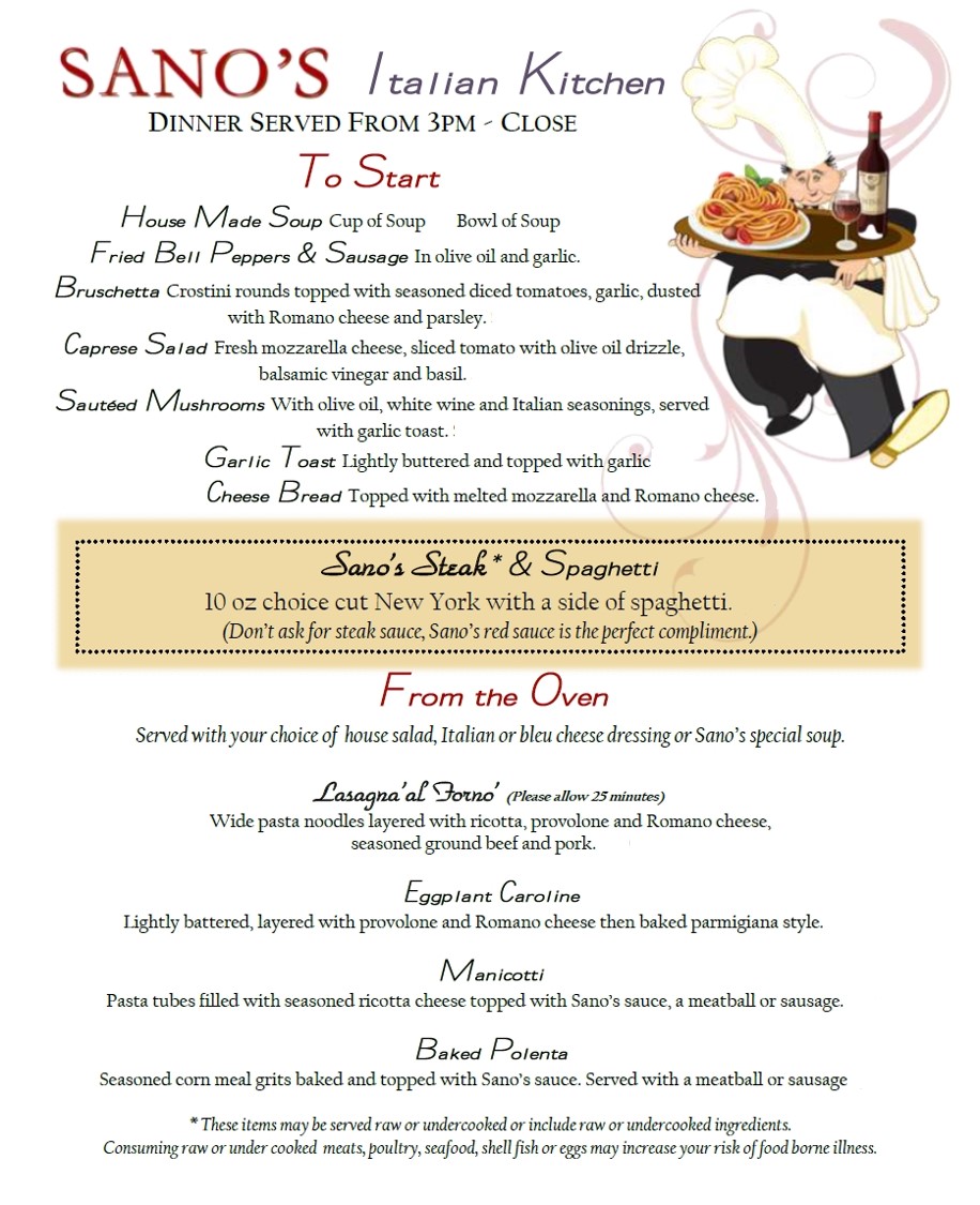 Sano's Dinner Menu