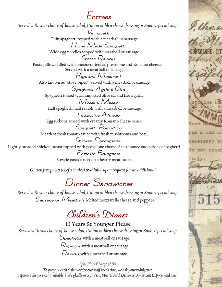 Sano's Dinner Menu